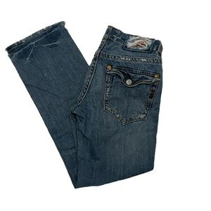MEK Denim New York Straight Distressed Blue Jeans Flap Back Pockets Button Fly‎